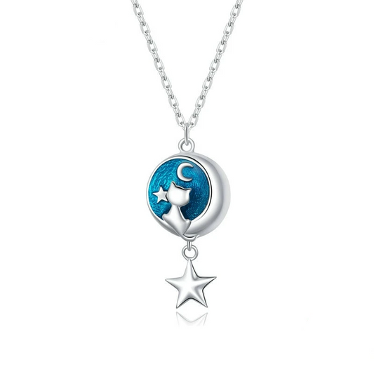 925 Sterling Silver Geometric Moon & Cat Pendant Necklace