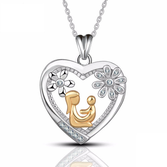 925 Sterling Silver Golden Mom Hold Baby Necklace