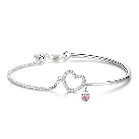 925 Sterling Silver Heart Pink Bangles Bracelet
