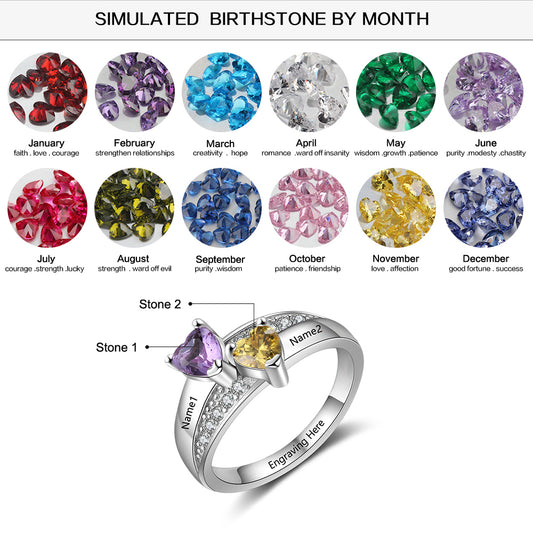Custom Name Ring with 2 Heart Birthstones