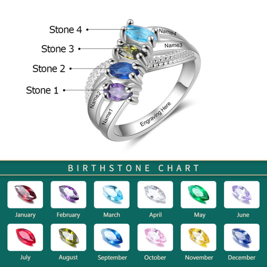 Personalized Family Name Engraved 4 Birthstones Ring