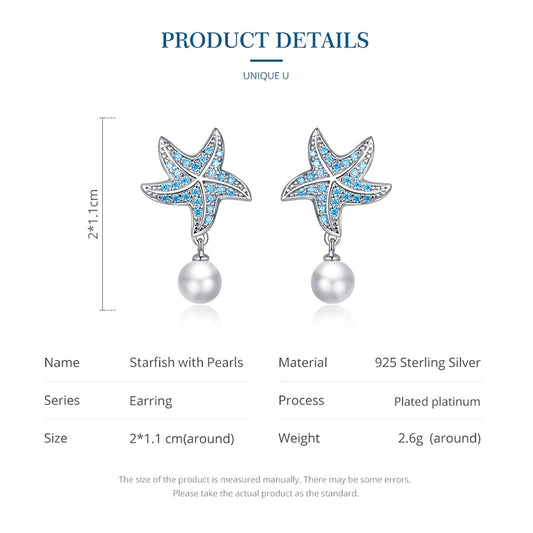 925 Sterling Silver Ocean Blue Starfish with Pearl Stud Earrings