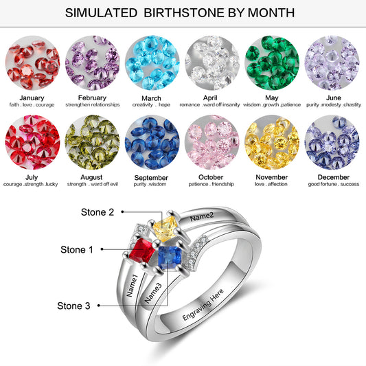 Personalized Name 3 Square Birthstones Ring