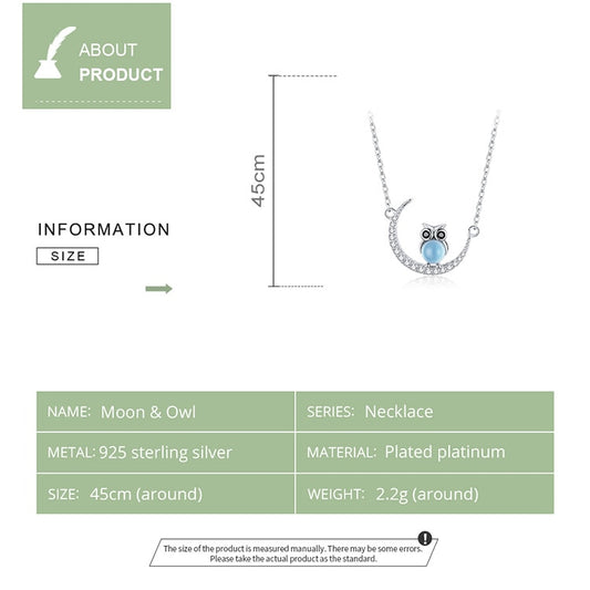 925 Sterling Silver Moon Owl Plated Platinum Necklace