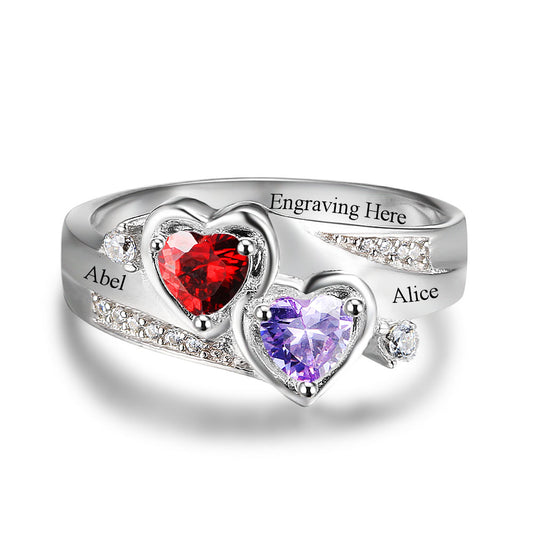 Personalized Engrave Name 2 Heart Birthstone Ring