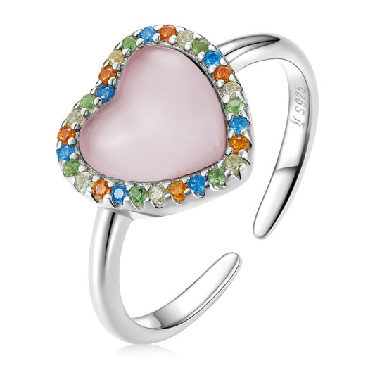 925 Sterling Silver Girly Love Adjustable Ring Inlaid with Rainbow