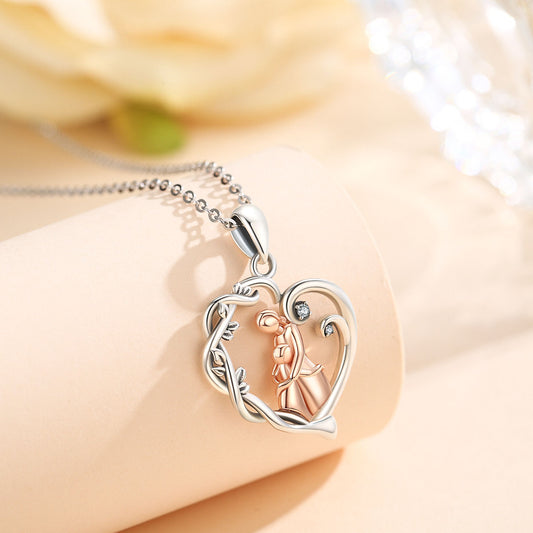 Sterling Silver Mom And Daughter Hug Rose Gold Pendant Vine Leaf Heart Necklace Jewelry Gift For Mother