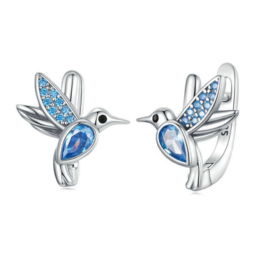 925 Sterling Silver Cute Hummingbird Ear Clips Shiny Blue Zirconium Bird Piercing Earrings