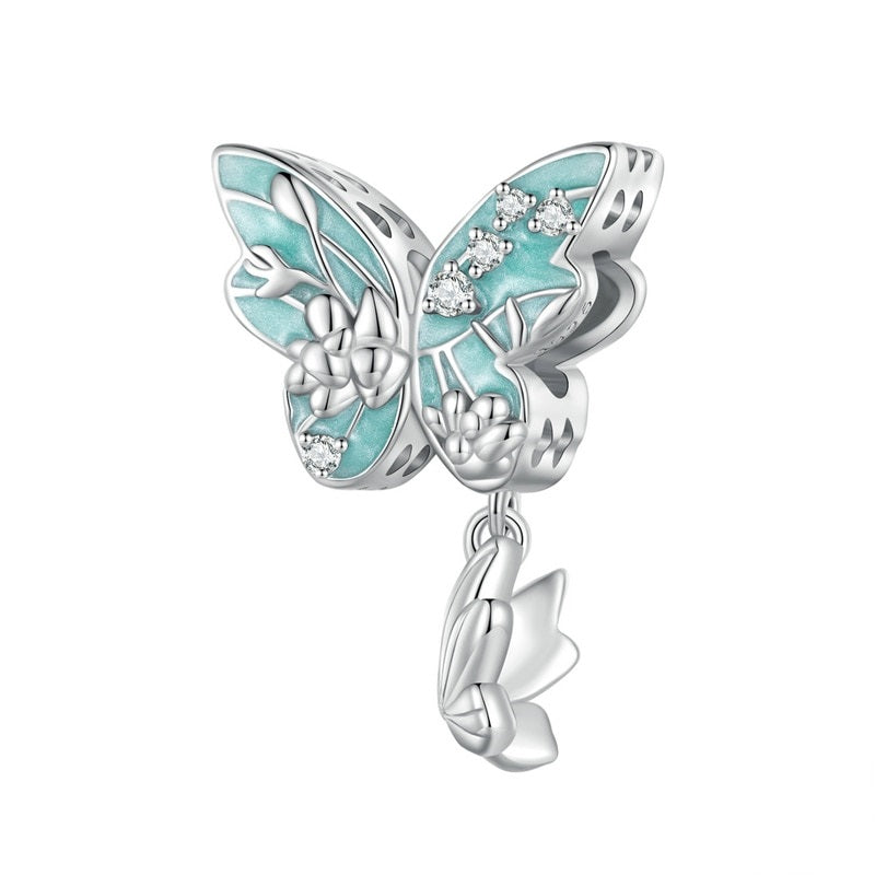 925 Sterling Silver Enamel Process Butterfly Flower Charms Beads DIY Jewelry