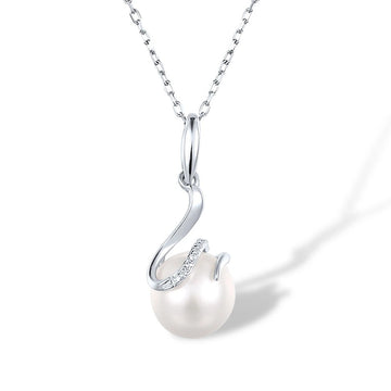 Collar de oro blanco puro de 9 quilates 375 con perla blanca de agua dulce y diamantes, elegante, clásico y moderno, joyería fina.