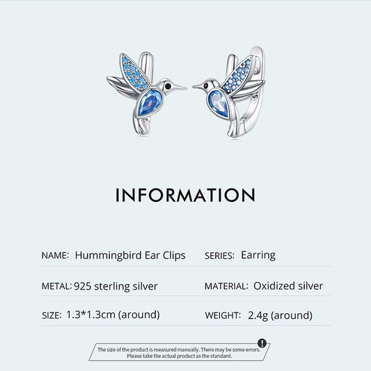 925 Sterling Silver Cute Hummingbird Ear Clips Shiny Blue Zirconium Bird Piercing Earrings