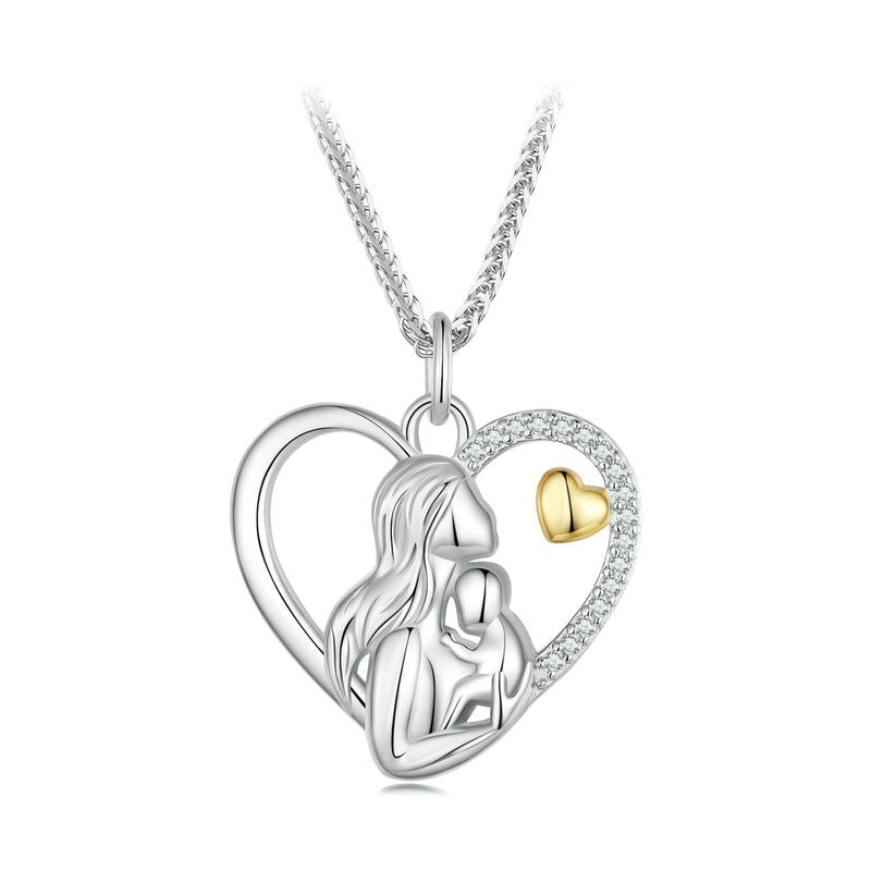 925 Sterling Silver Mother and Child Heart Pendant Necklace Birthday Mother Day Gift Jewelry