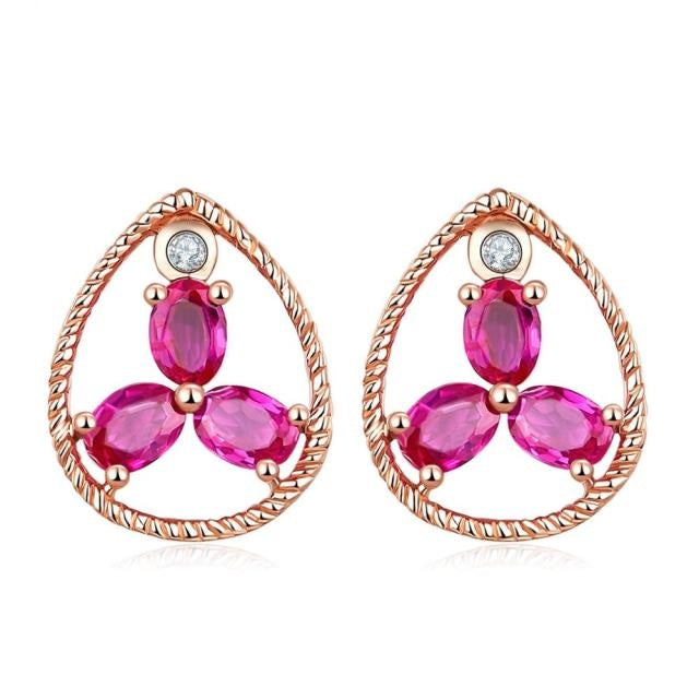 10K Rose Gold Natural Ruby Diamond Solid Gemstone Stud Earrings