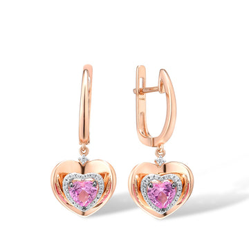 14K 585 Rose Gold Sapphire Diamond Heart Drop Earrings