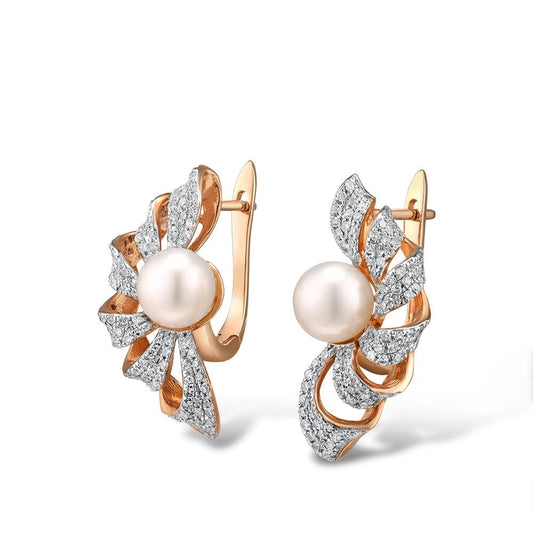 14K 585 Rose Gold Fresh Water White Pearl Gold Earrings