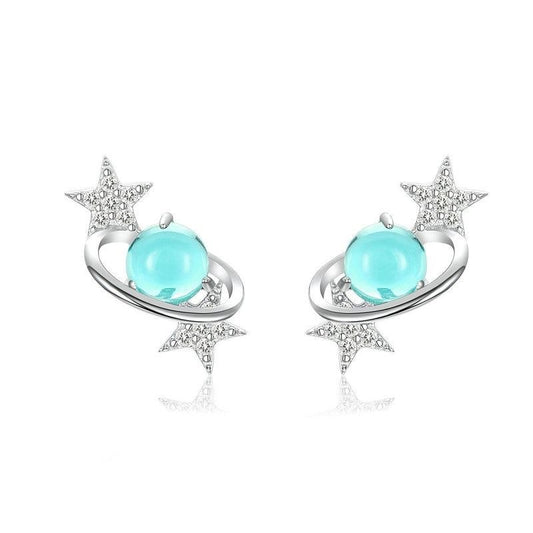 925 Sterling Silver Blue Planet with Star Stud Earrings