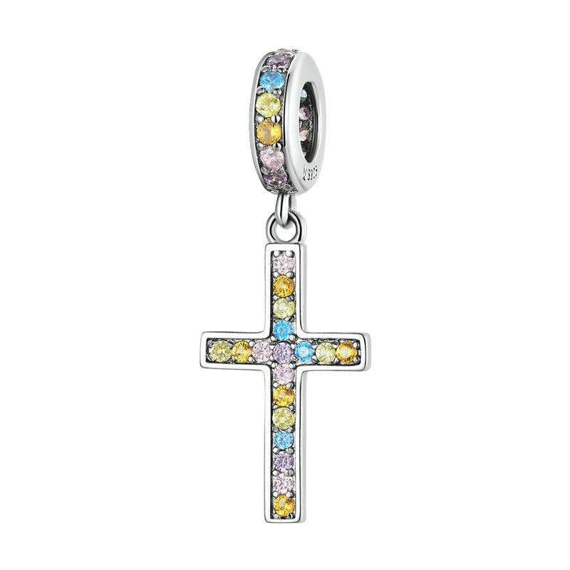 925 Sterling Silver Colorful Cross Pendant Charm Beads