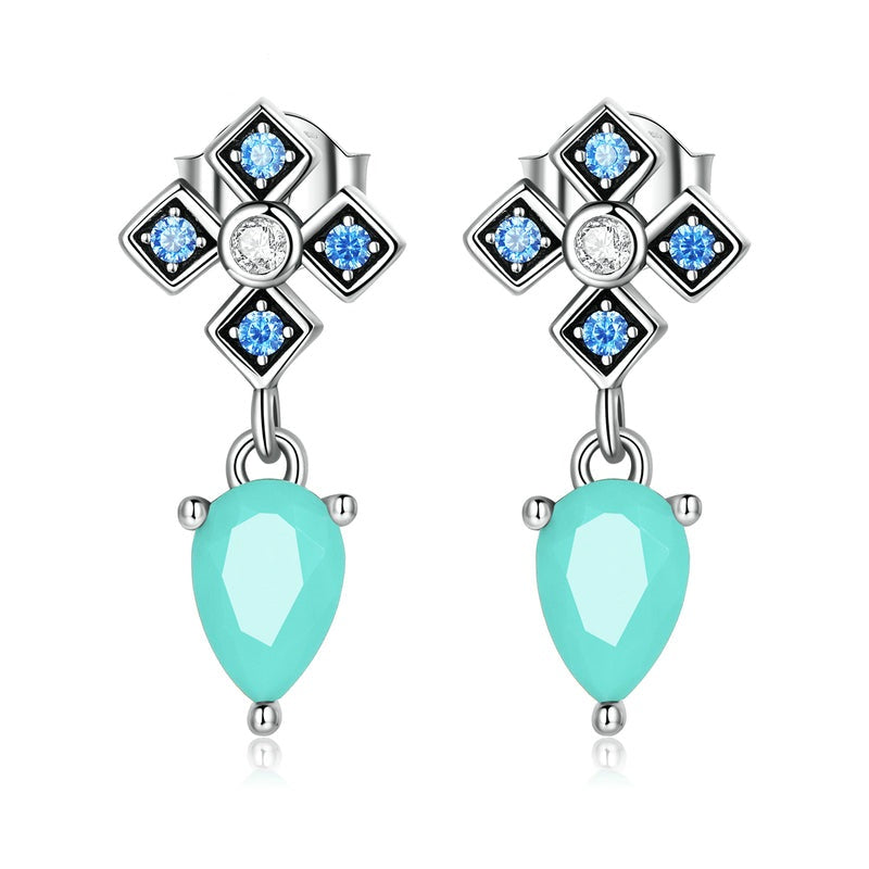 925 Sterling Silver Cross Design Waterdrop Turquoise Earrings