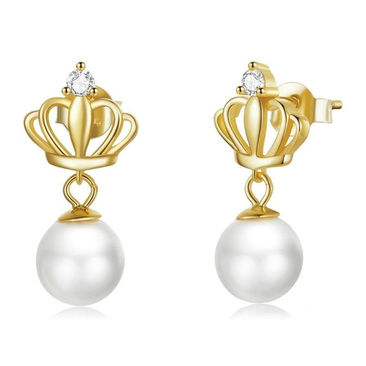 925 Sterling Silver Crown Pearl Drop Earrings