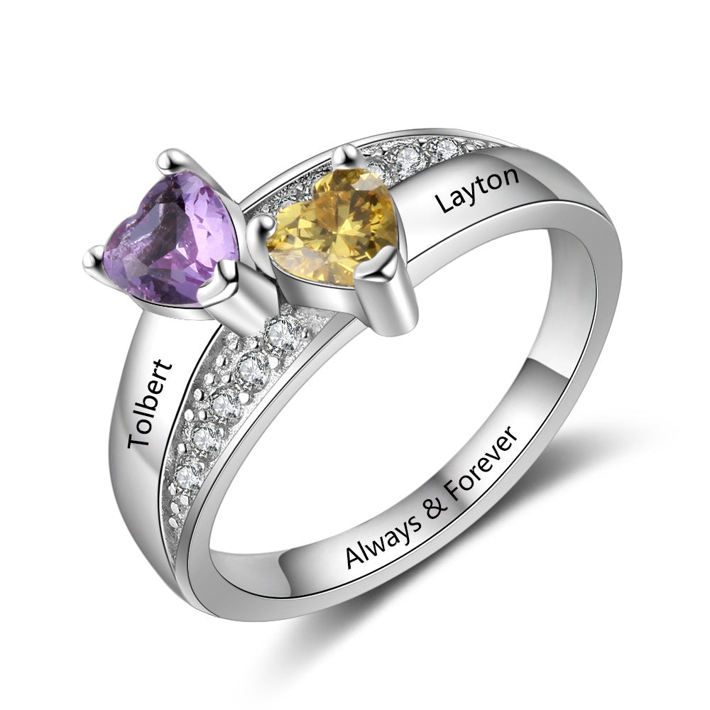 Custom Name Ring with 2 Heart Birthstones