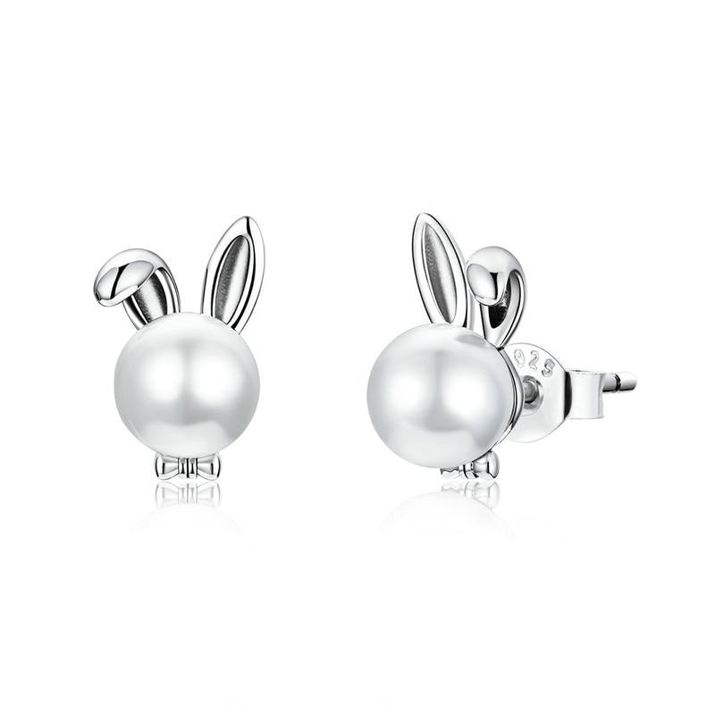 925 Sterling Silver Cute Bunny Pearl Earrings