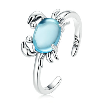 925 Sterling Silver Cute Crab Blue Stone Ring