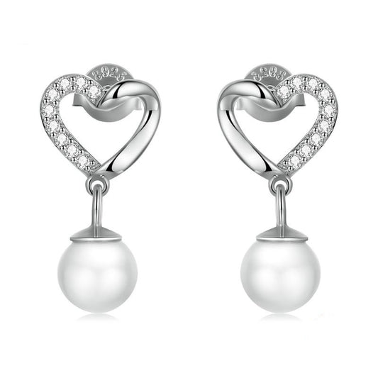 925 Sterling Silver Love Shell Pearl Drop Earrings