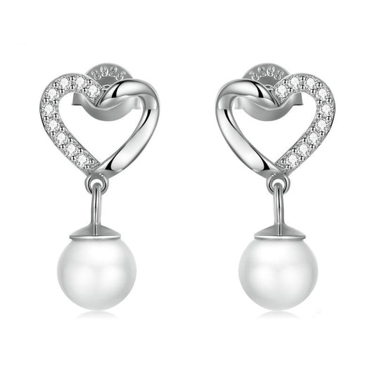 925 Sterling Silver Love Shell Pearl Drop Earrings