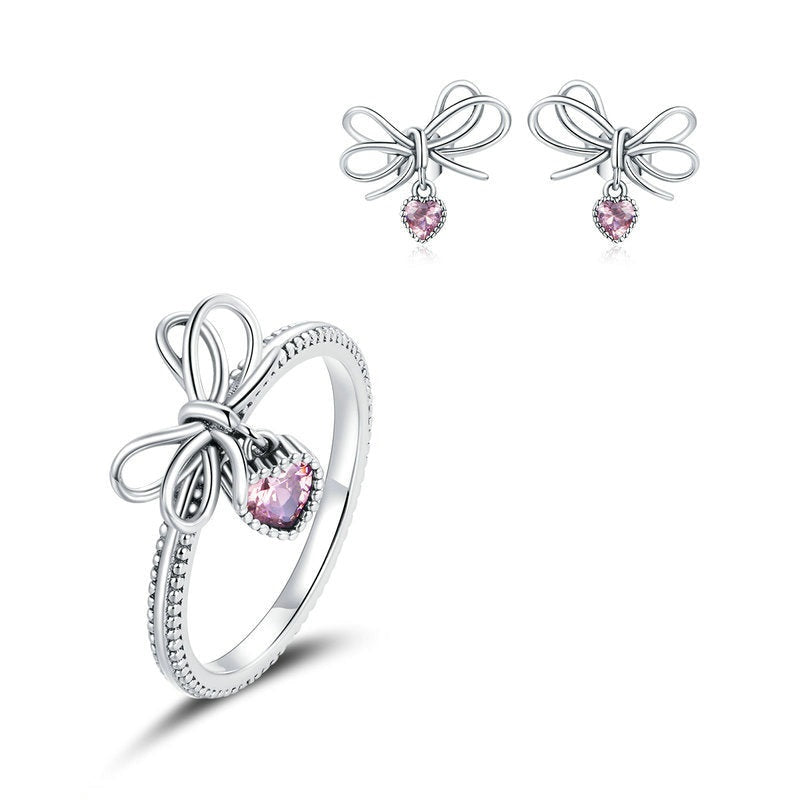 925 Sterling Silver Gift with Bow Earrings Rings
