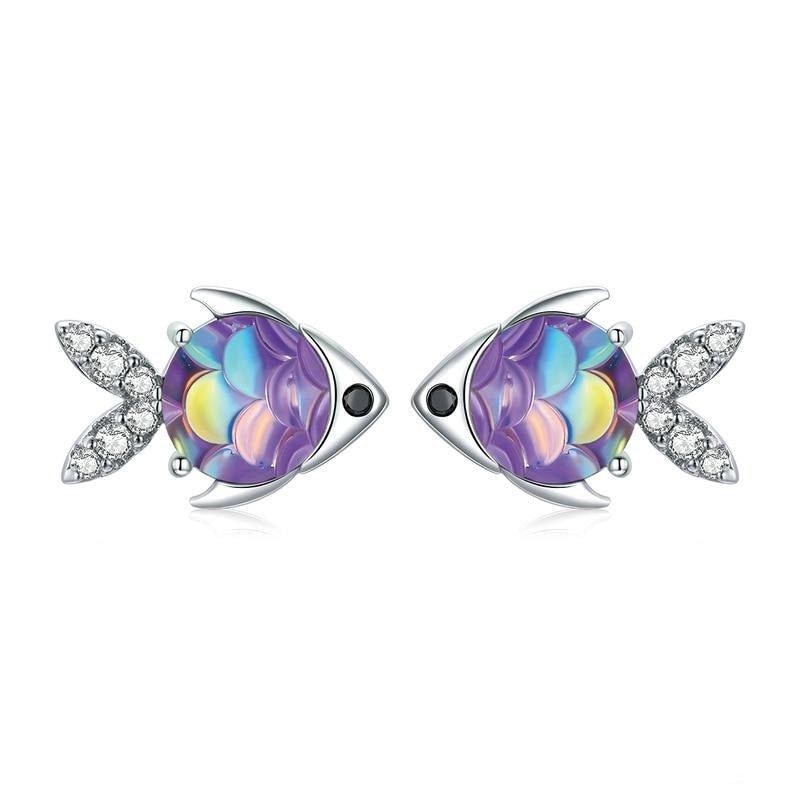 925 Sterling Silver Happy Tropical Litte Silver Fish Stud Earrings