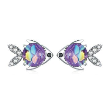 925 Sterling Silver Happy Tropical Litte Silver Fish Stud Earrings