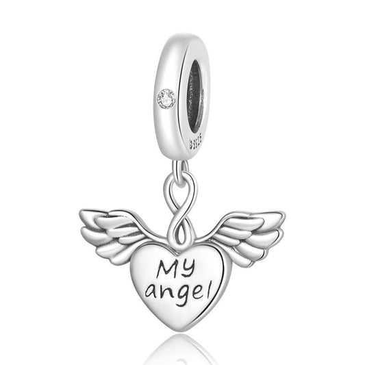 925 Sterling Silver Heart Wings My Angel Charm Beads