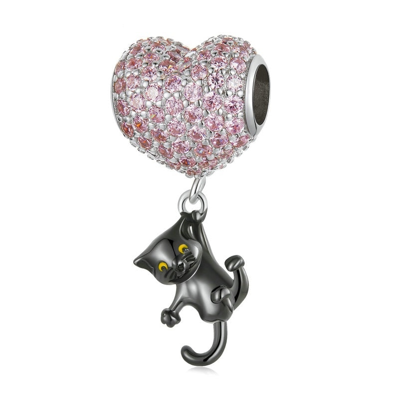 925 Sterling Silver Hearted-Balloon Black Cat Charm Beads
