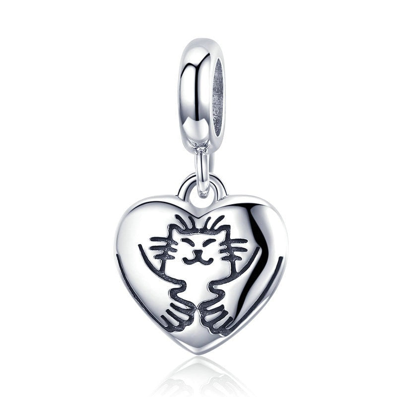 925 Sterling Silver Hug Cat in Heart Charm Beads