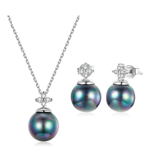 925 Sterling Silver Black Pearl Earrings Necklace