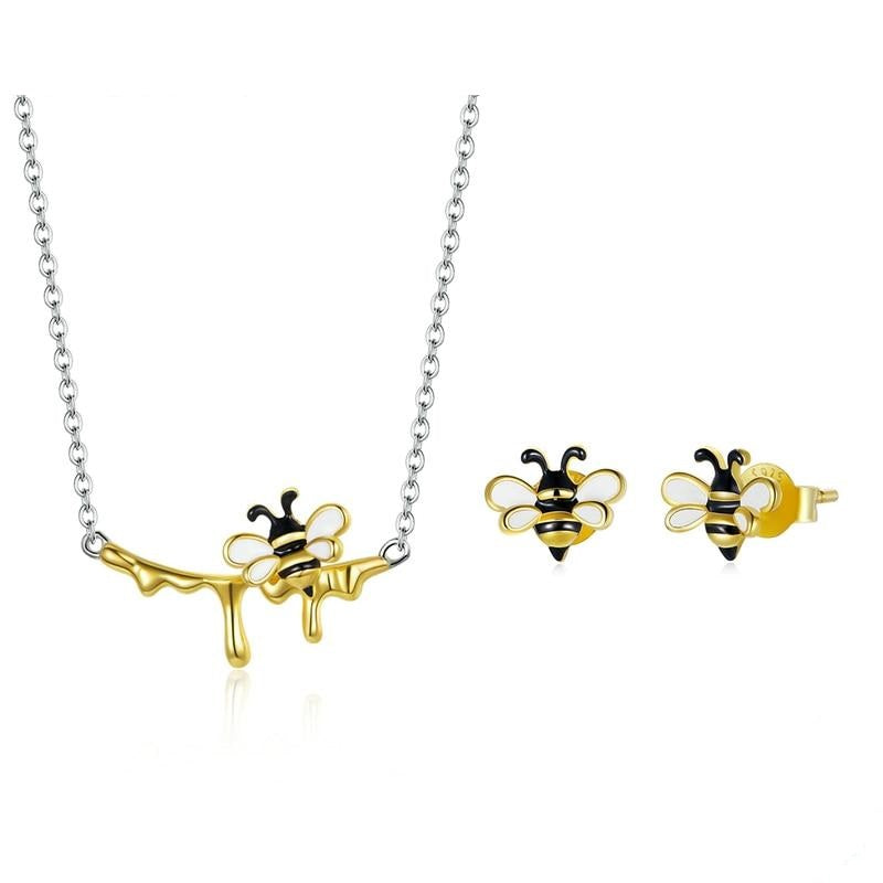 925 Sterling Silver Lovely Honey Bee Necklace Earrings