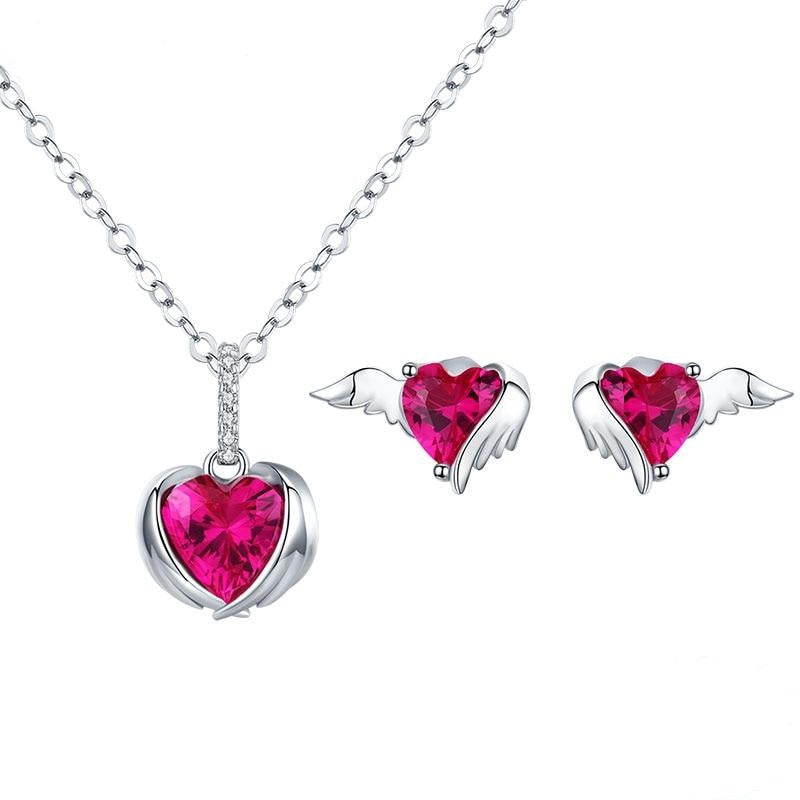 925 Sterling Silver Jewelry Set Guardian Wings Heart Pendant Necklace Stud Earrings