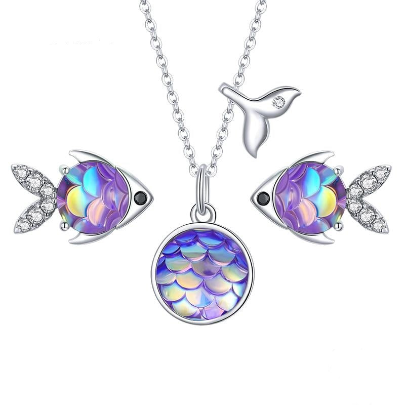 Pendientes y collar de pez tropical feliz en plata de ley 925