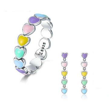 925 Sterling Silver Rainbow Heart to Heart Rings Earrings Jewelry Set