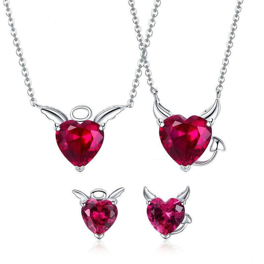 925 Sterling Silver Red Evil And Angel Necklace Earrings