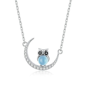 925 Sterling Silver Moon Owl Plated Platinum Necklace
