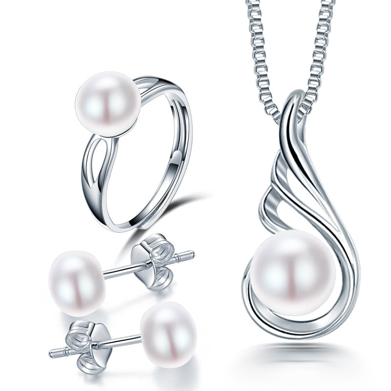925 sterling Silver Freshwater Pearl Pendant Ring Earrings Jewelry Set
