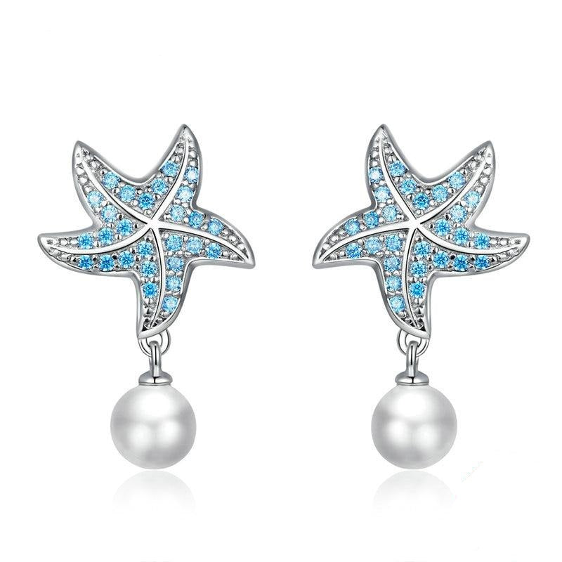 925 Sterling Silver Ocean Blue Starfish with Pearl Stud Earrings