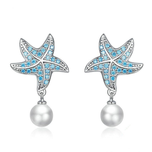 925 Sterling Silver Ocean Blue Starfish with Pearl Stud Earrings