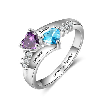 925 Sterling Silver 2 Heart Birthstones Custom Name Ring