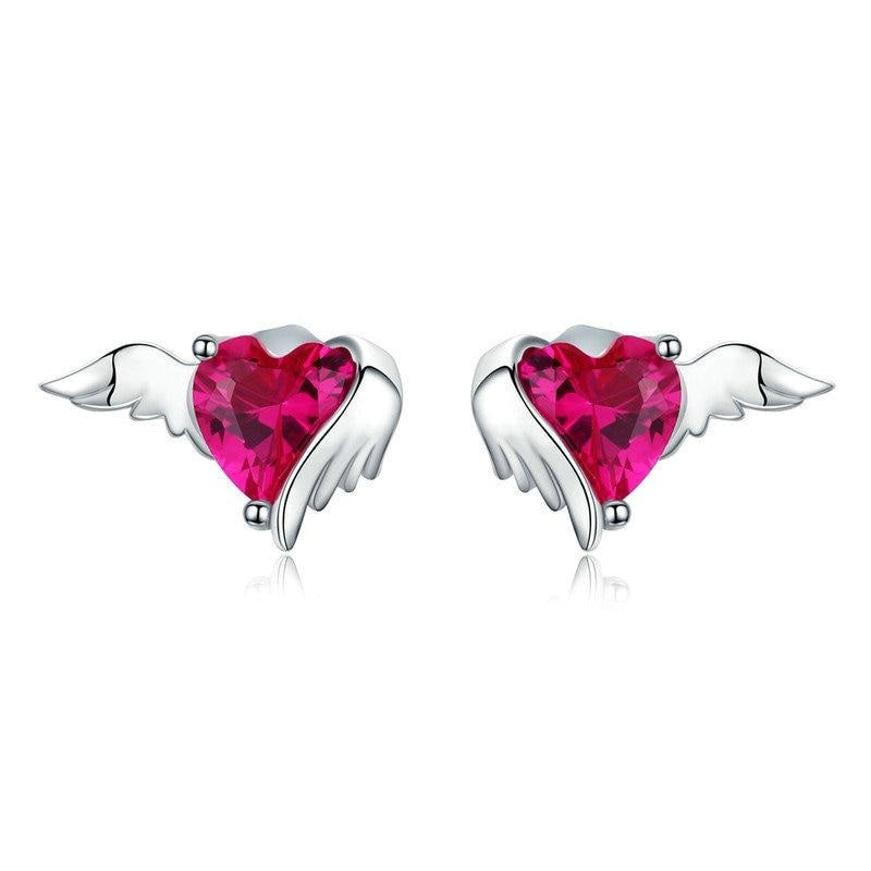 925 Sterling Silver Heart Guardian Wing Stud Earrings