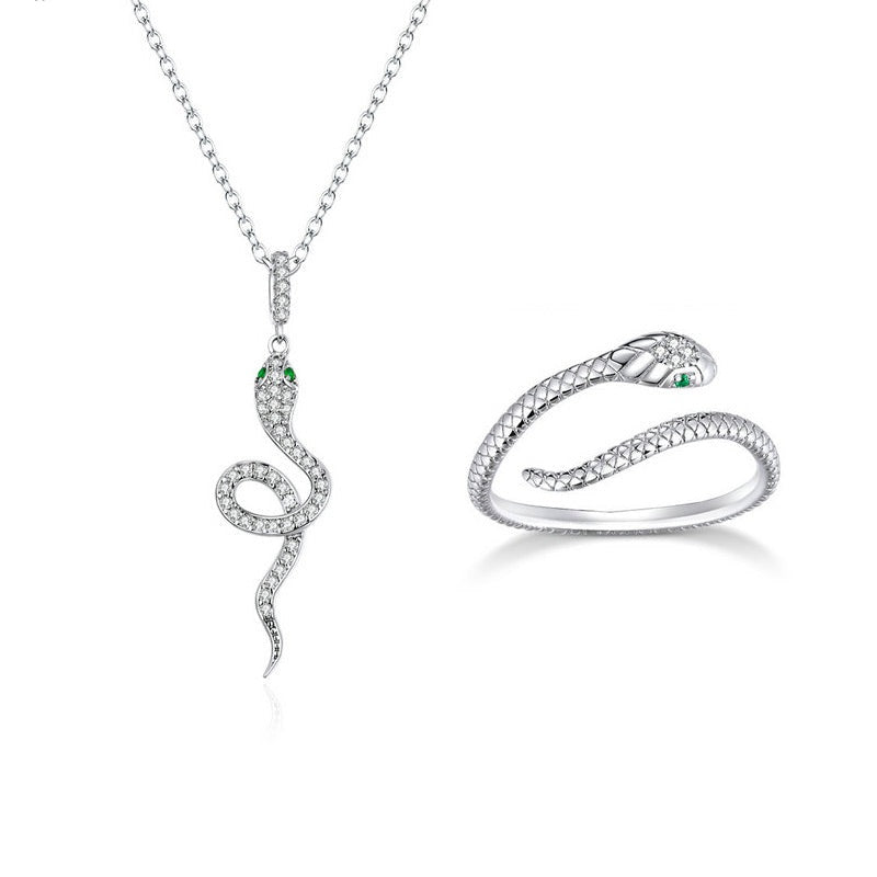 925 Sterling Silver Snake Necklace Ring Jewelry Set