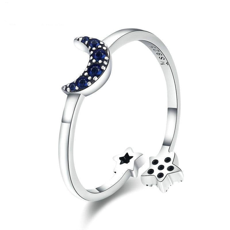 925 Sterling Silver Sparkling Blue Moon Star Ring