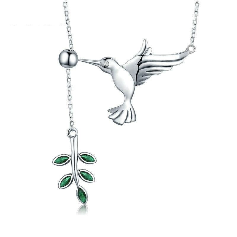 925 Sterling Silver Spring Bird Tree Leaf Leaves Dangle Necklace