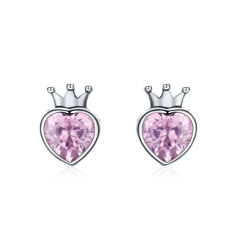 925 Sterling Silver Sweet Pink Heart of Crown Stud Earrings